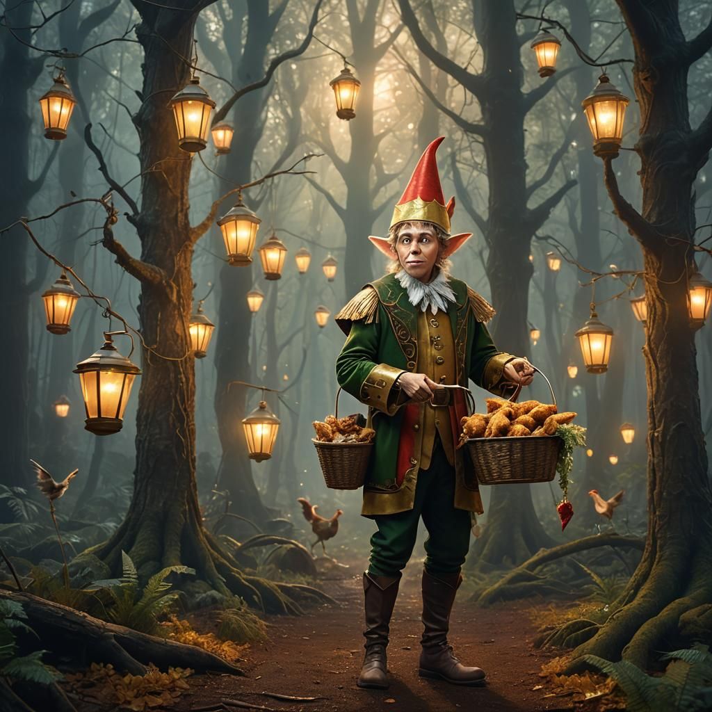 KFC Elf in Whimsical Forest, Digital Painting