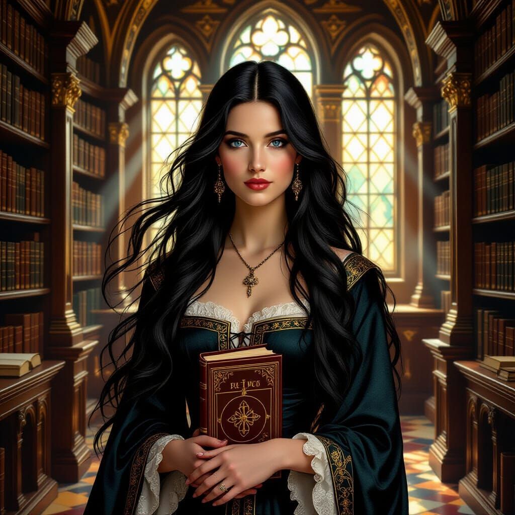 Medieval Woman in Baroque Library, Pre-Raphaelite Style