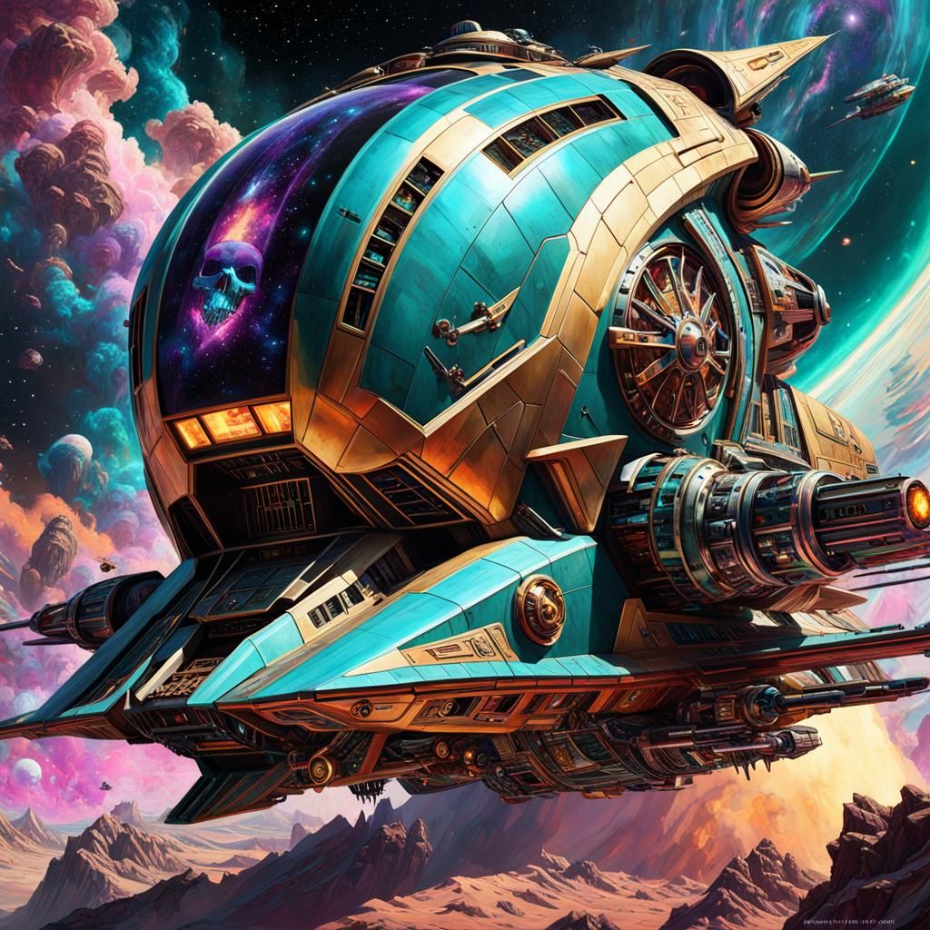 Futuristic Spaceship Battle in Nebula with Graffiti Art
