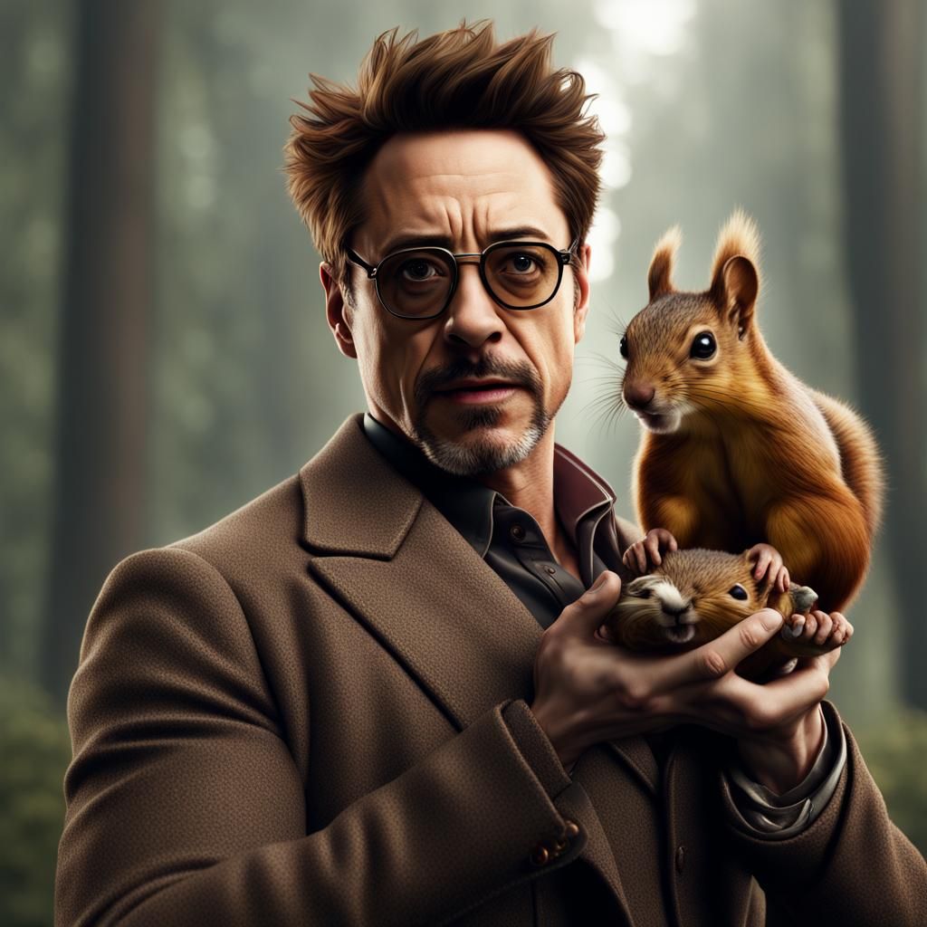 Robert Downey Jr Holding Squirrel: Hyperrealistic Art