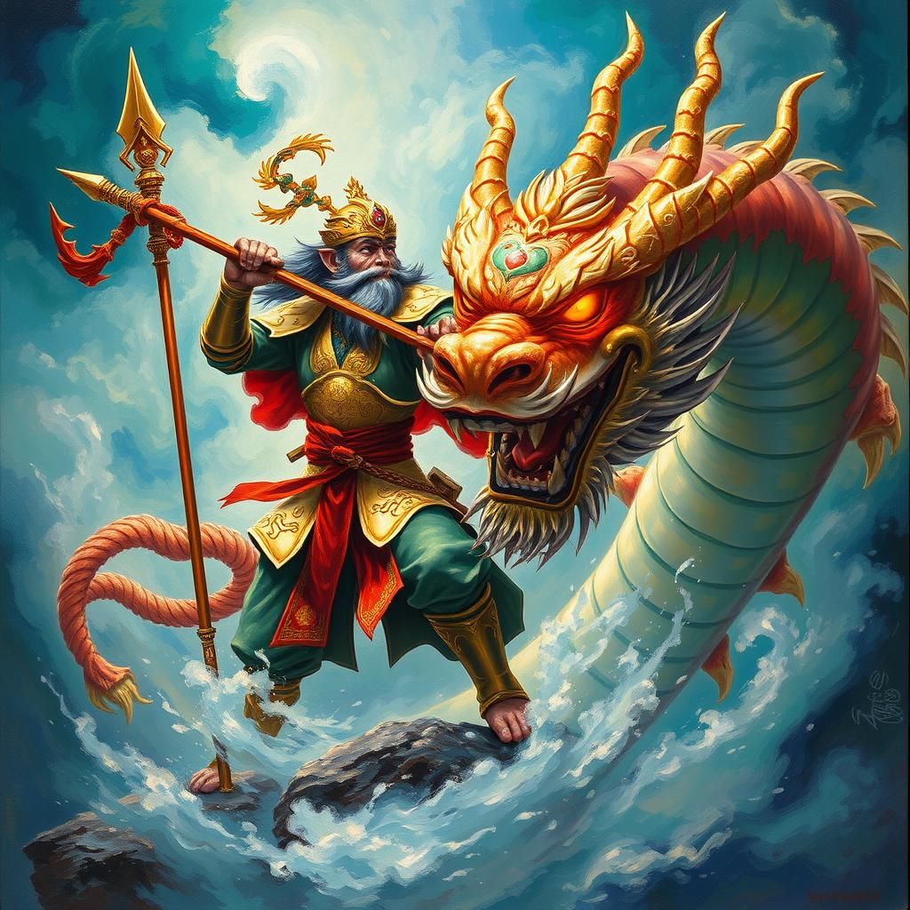 Duel between Sun Wukong and Ao Guang, the Dragon King of the Eastern Sea