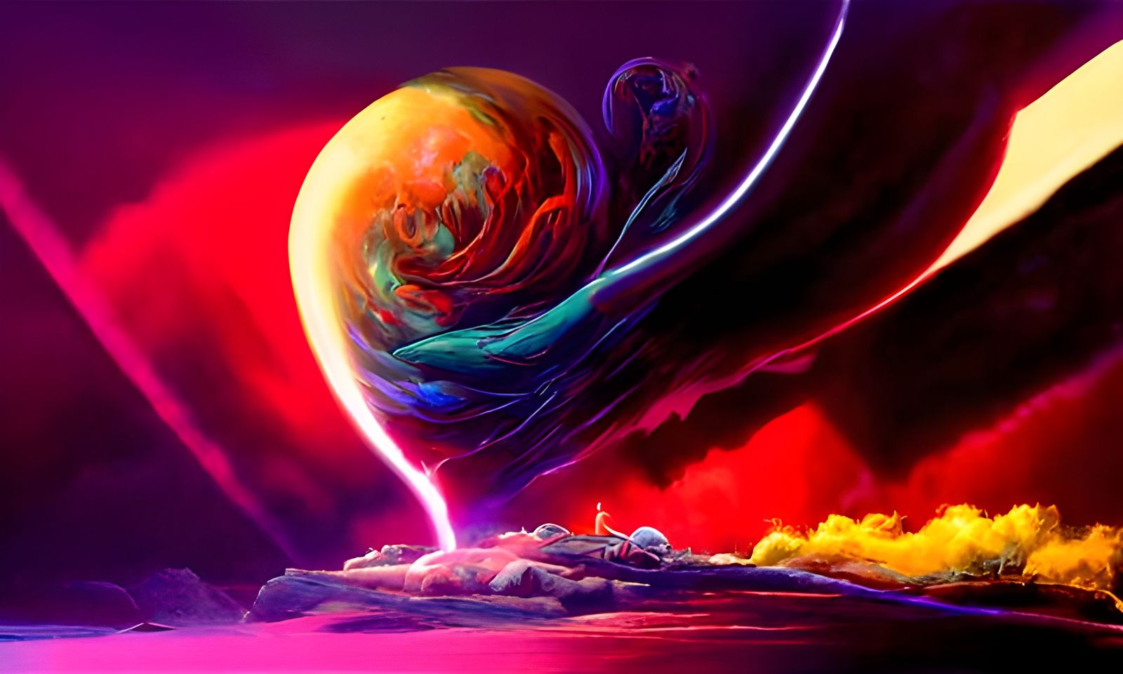 Vivid Cosmic Storm Destroying Earth in Kinetic Pointillism