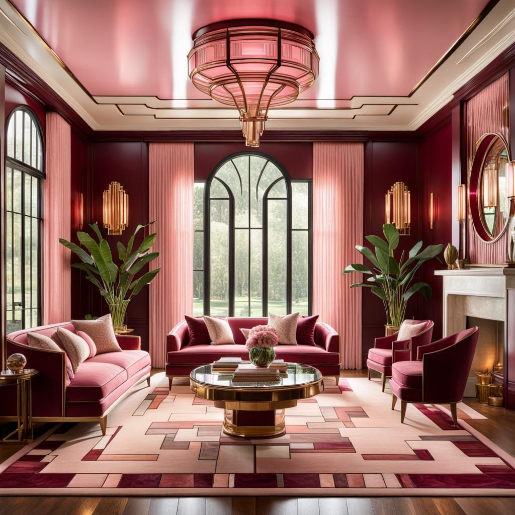 Art Deco Glass Southern Living Room in Pink and Maroon