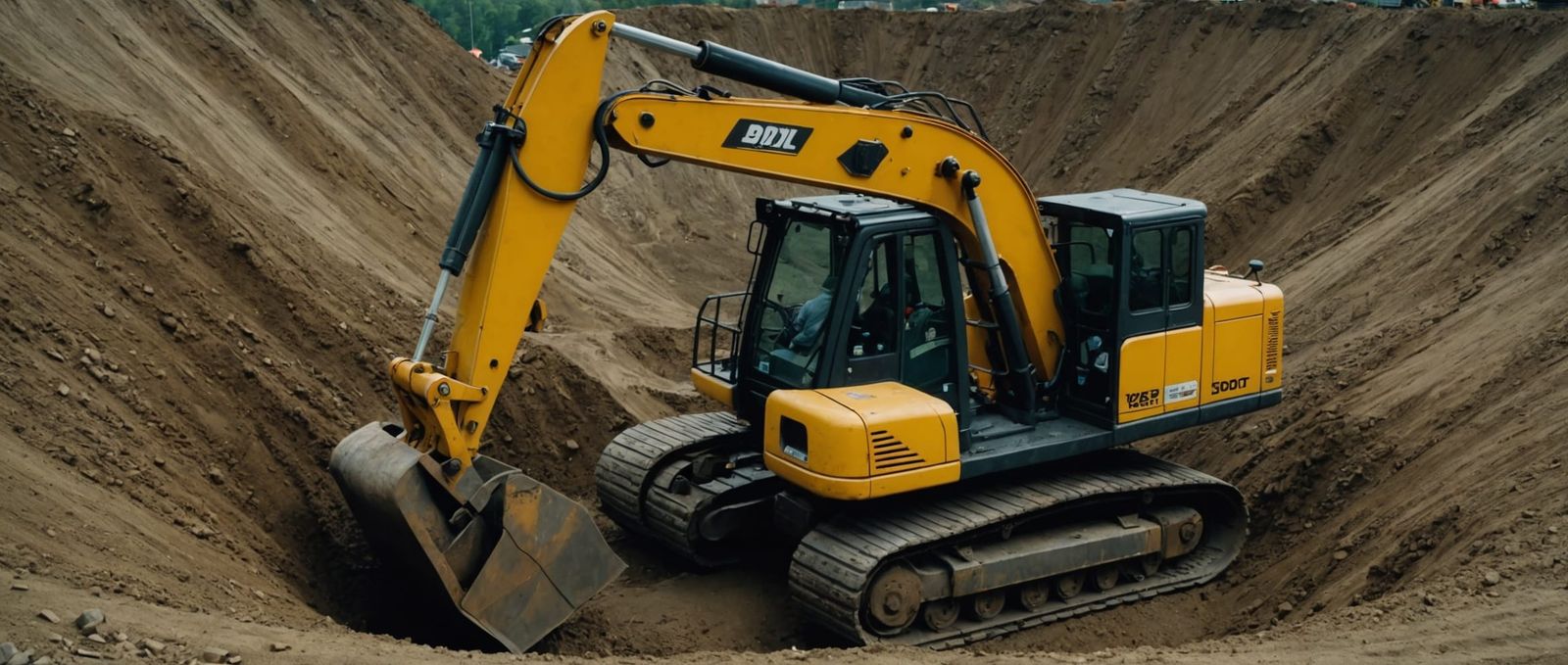 Construction Equipment Fills Deep Hole: Cinematic Film Still