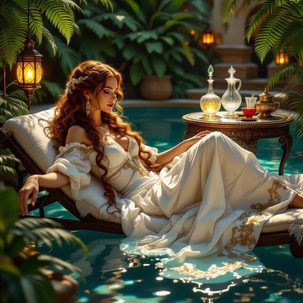 Elegant Woman in Medieval Bathhouse: Fantasy Art