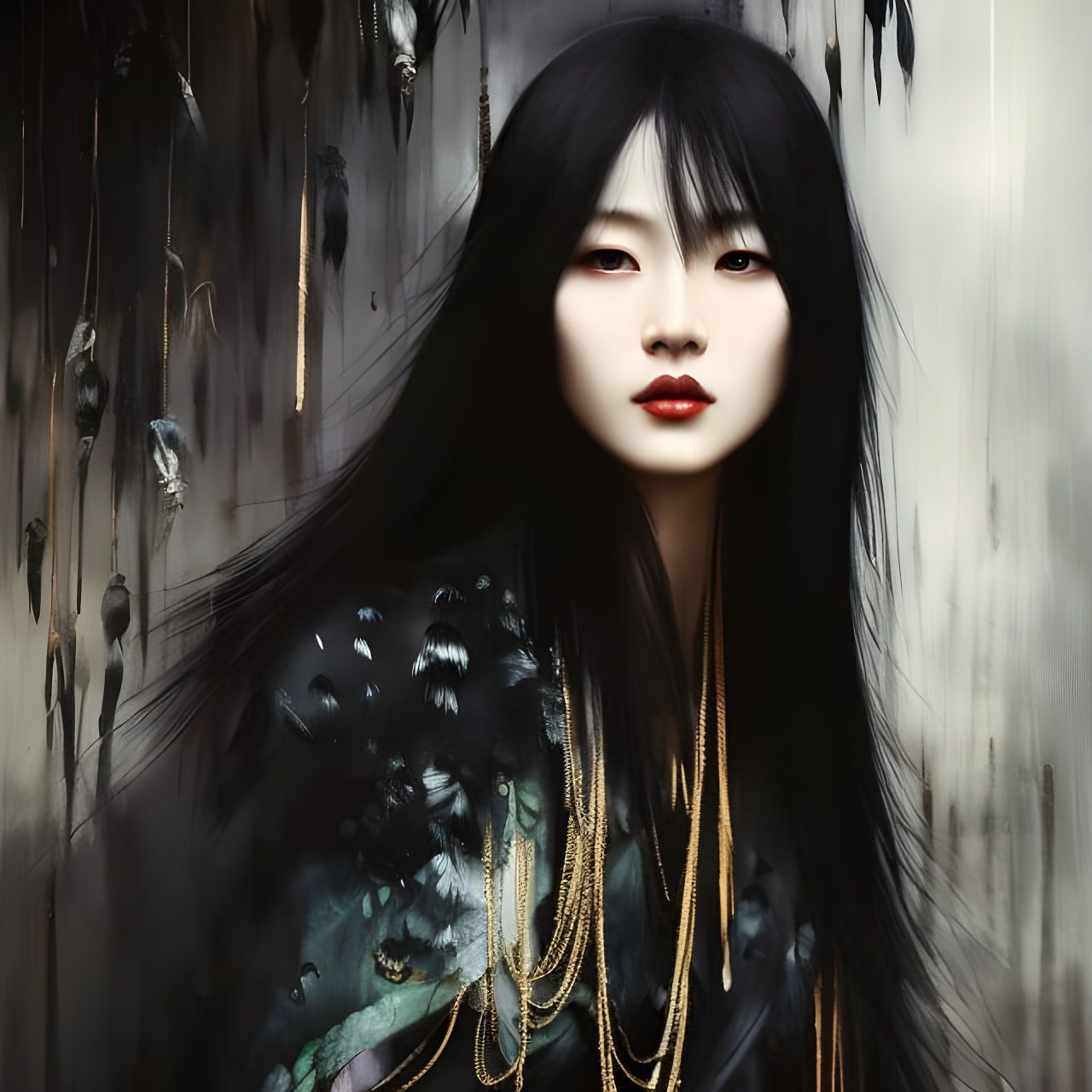 Beautiful Chinese Woman with Ravens, as Oil Painting
