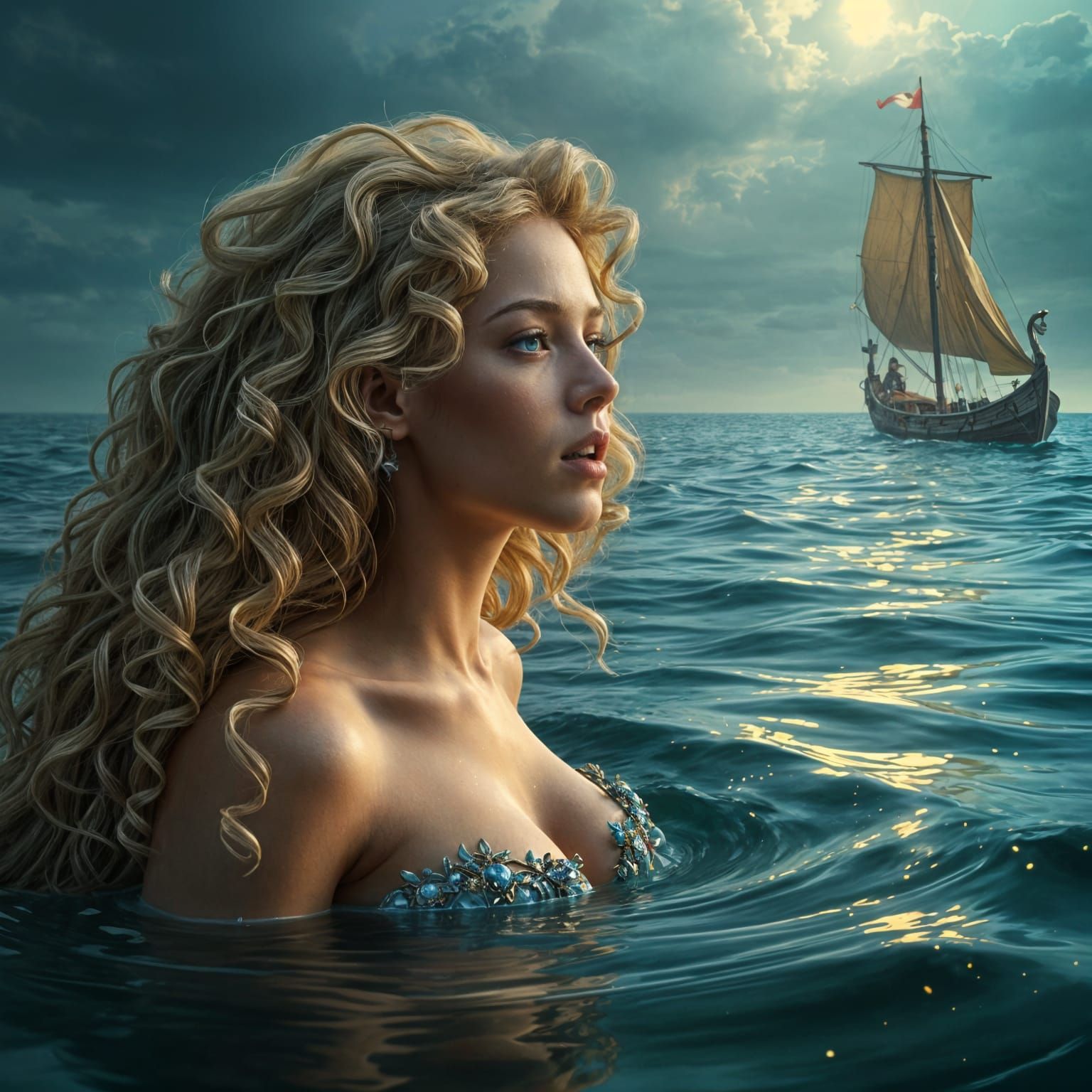 Sensual Mermaid Emerges from the Ocean in a Realistic Water ...