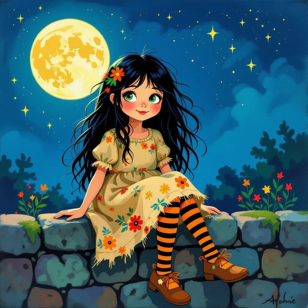 Young Witch Under Full Moon in Fauvist Style