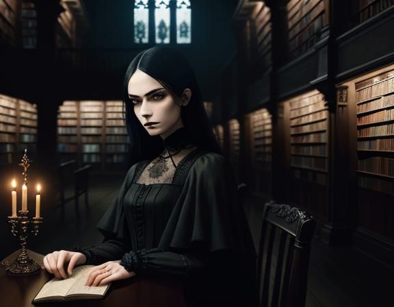 Gothic Portrait of Woman Reading in Dim Library