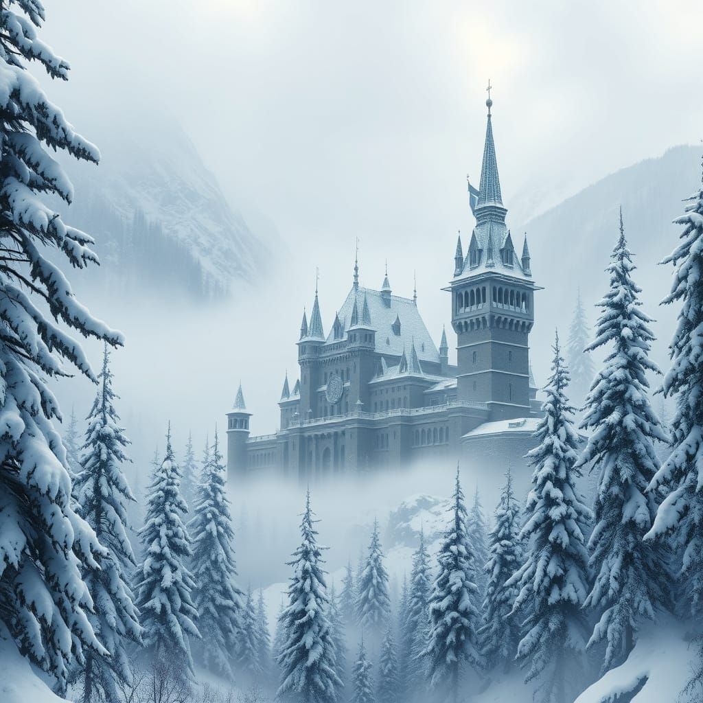 Romantic Snowy Castle in Majestic Mountain Landscape