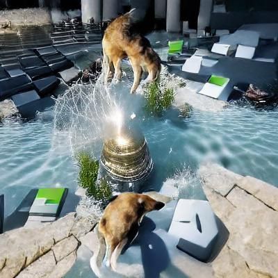 Dog Leaps into Fountain: Realistic Render