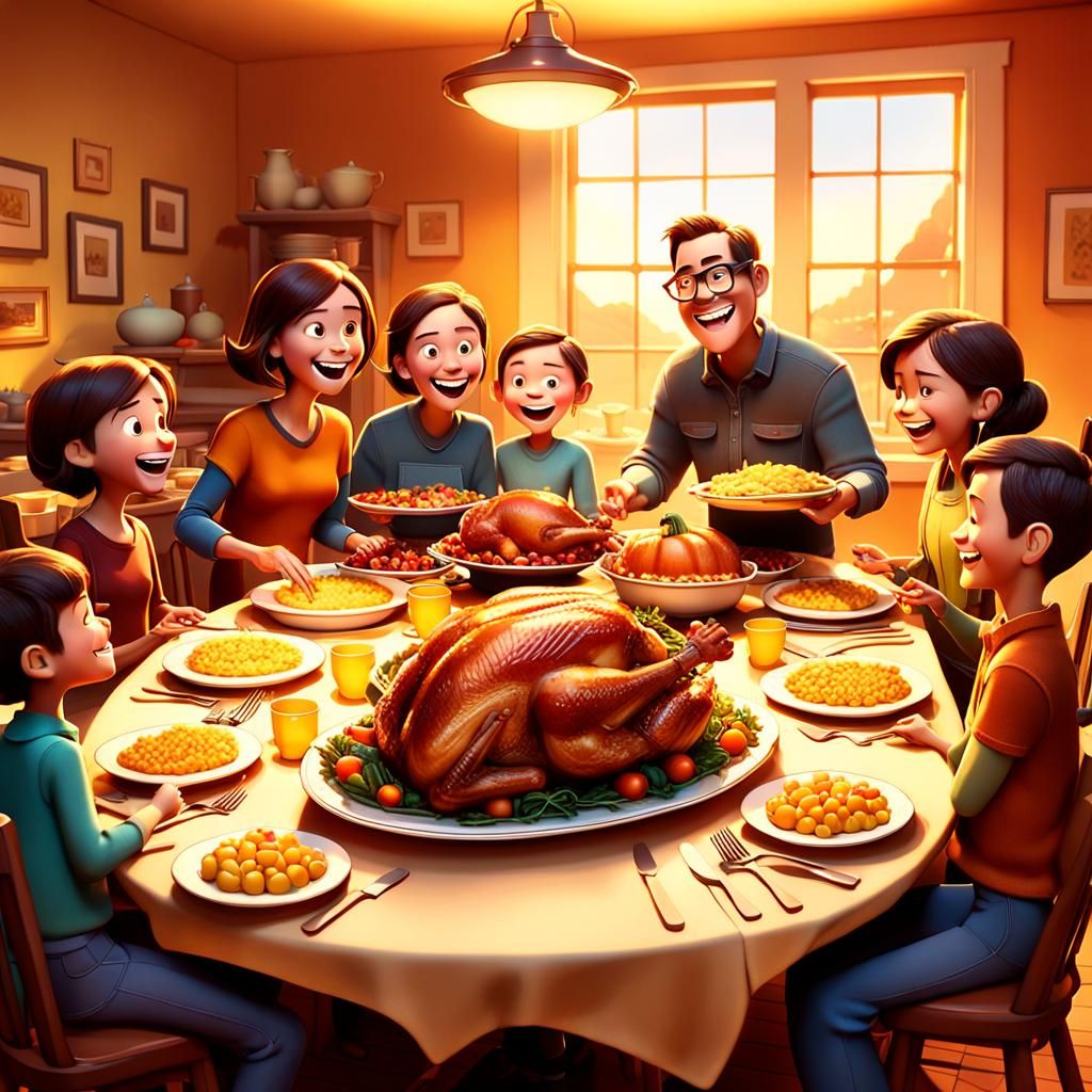 Thanksgiving Family Dinner in Pixar 3D Style