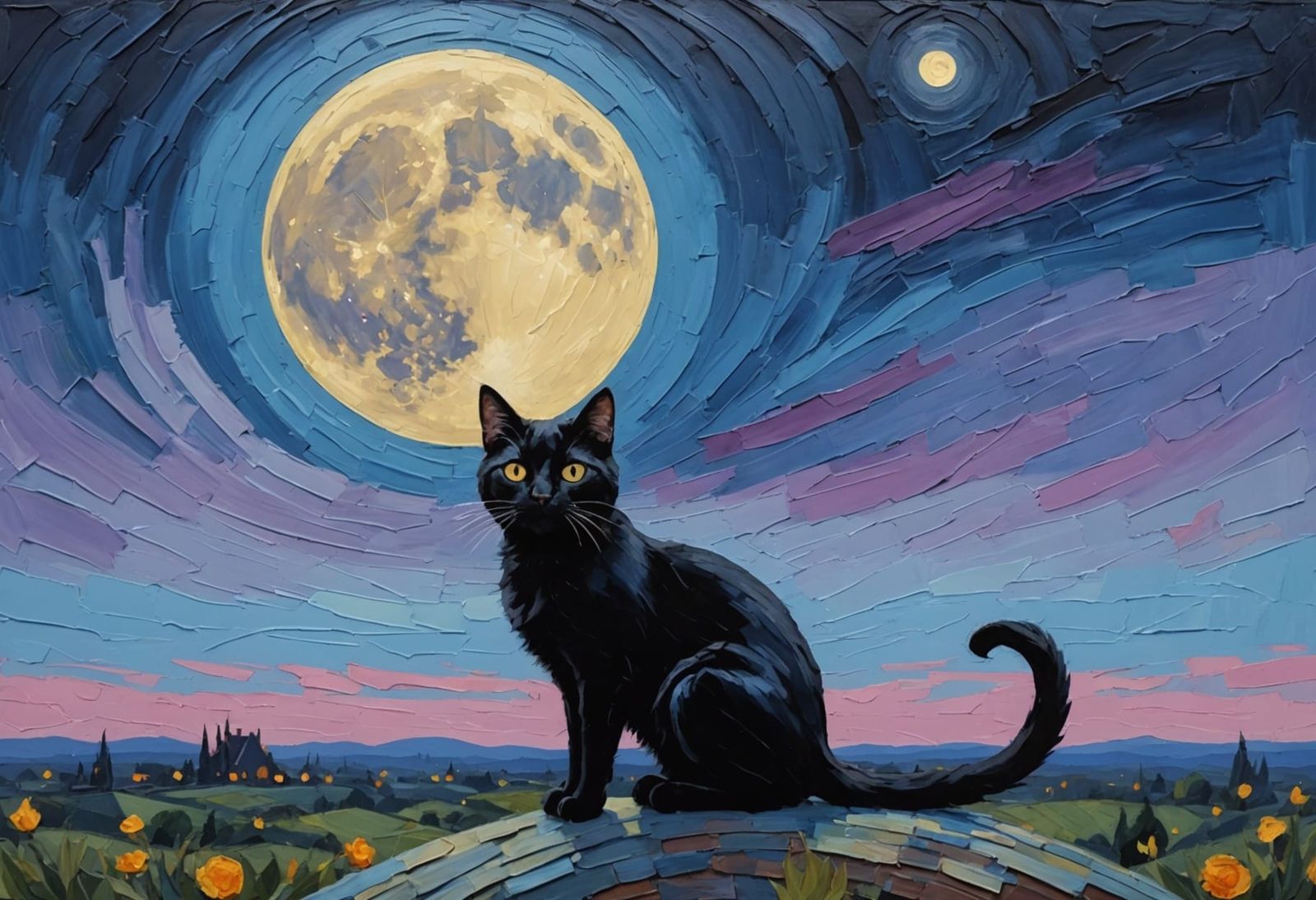 Impasto Painting of Black Cat Under Full Moon