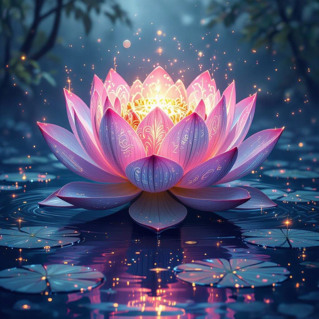 Bioluminescent Lotus Flower in Cosmic Surrealism Style