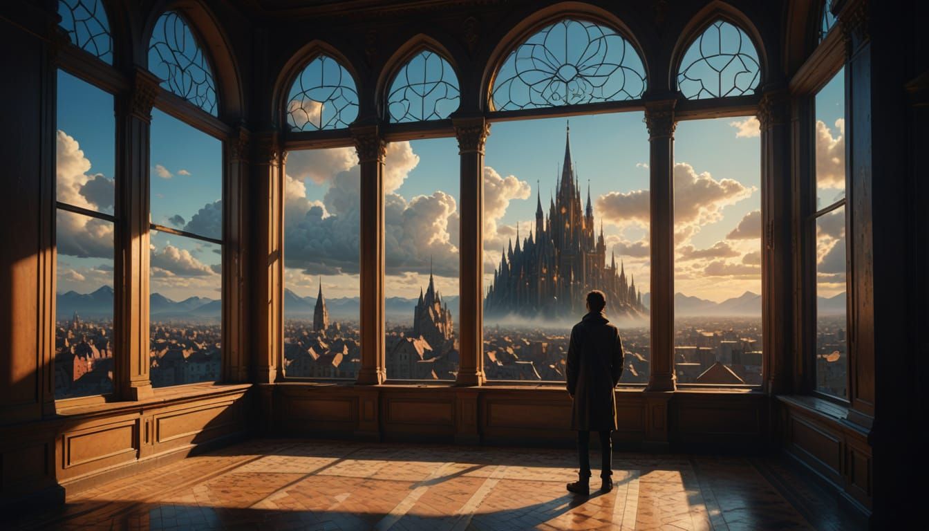 Epic Window View of a Mystical Cityscape in Warm Golden Ligh...