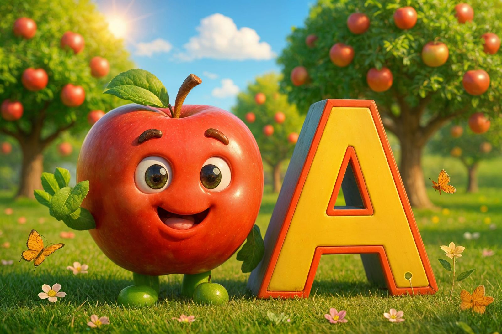 Smiling Apple Character in Pixar-Style 3D Animation