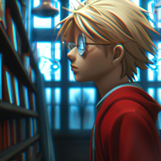 Boy in Library, Studio Ghibli Anime Style