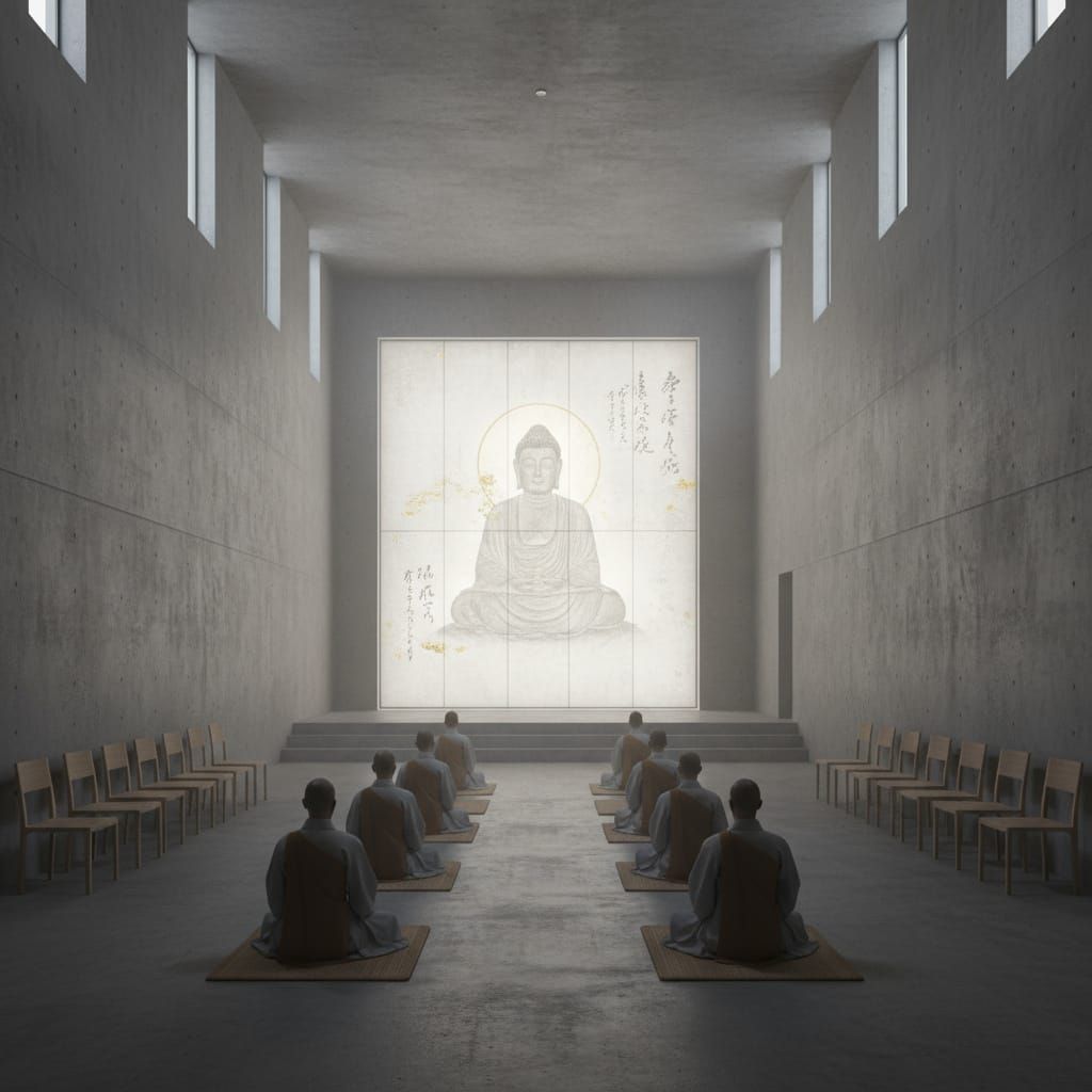 Serene Hall with Buddhist Backdrop, Sugimoto Style
