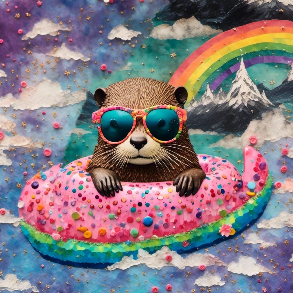 Whimsical Otter on Unicorn Float: Mixed Media Collage