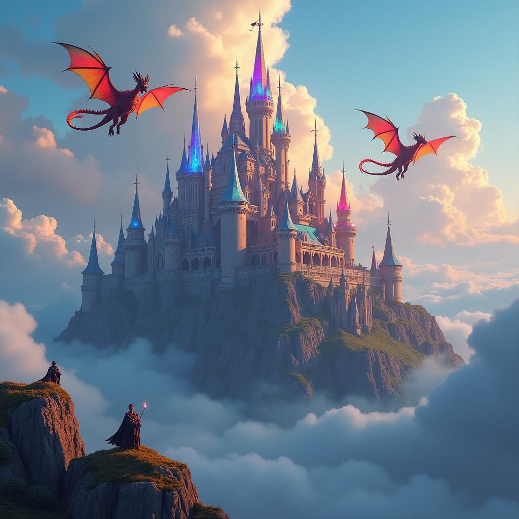 Majestic Castle with Dragons and Wizards in Flight