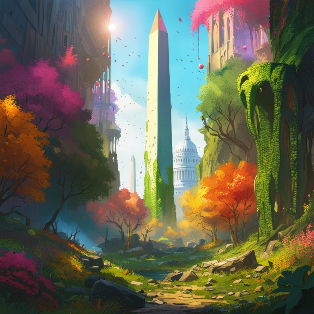 Washington Monument Ruins in Overgrown Sci-Fi Landscape