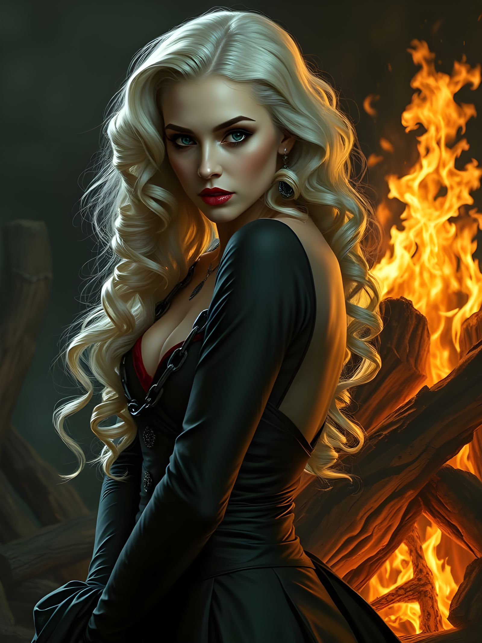 Elegant Vampire Goddess in Black Steel Chains