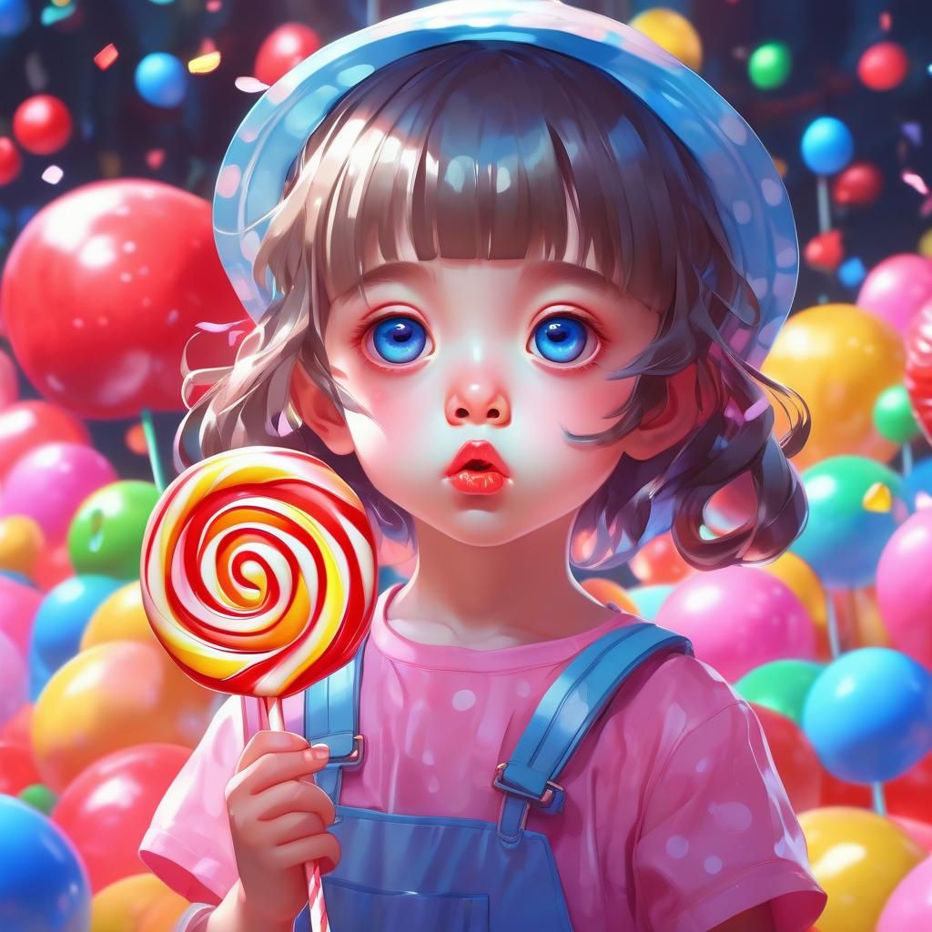 Anime Goddess with Lollipop in Gouache Style