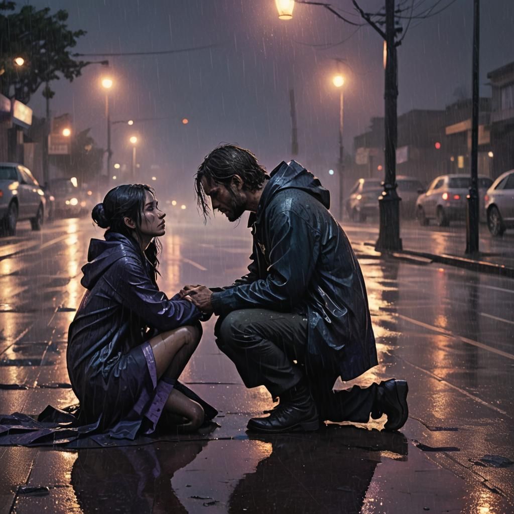 Rainy Night: Girl and Man in Dark Fantasy Art