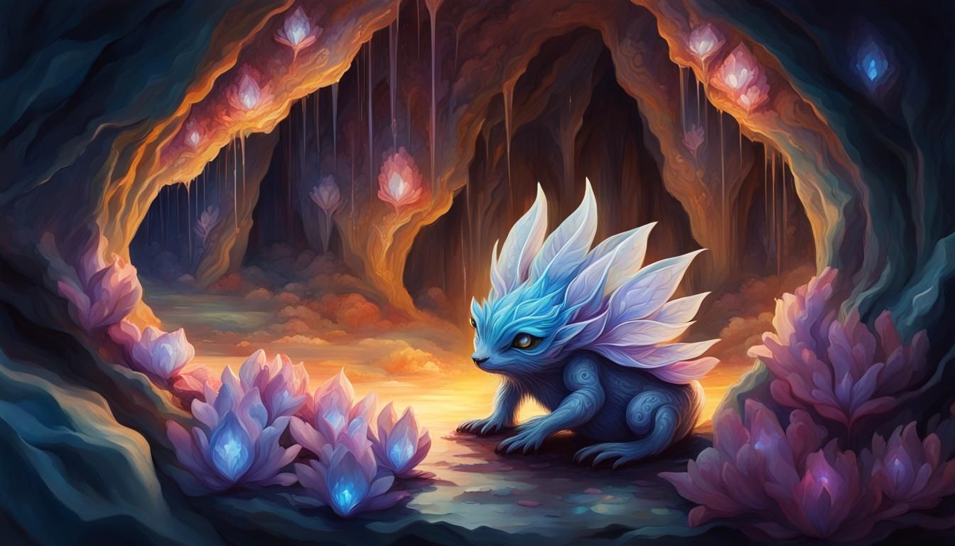 Fantasy Creature in a Crystal Flower Cave