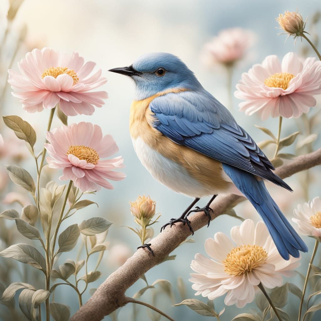 Whimsical Watercolor of a Pink Flower and Bird in a Dreamy L...