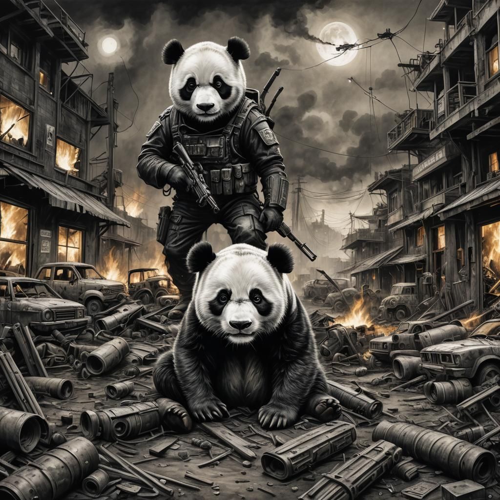 Badass Panda in Post-Apocalyptic Junkyard Charcoal Drawing