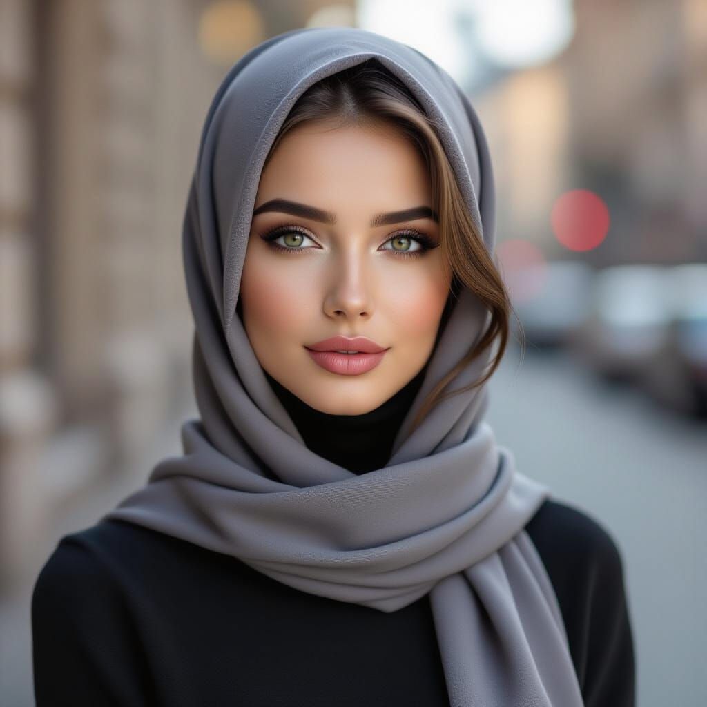Hyper-Realistic Portrait of Ukrainian Woman in Grey Hijab