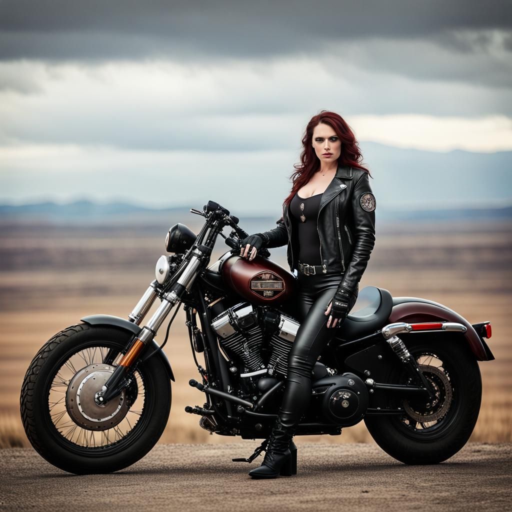 Auburn Haired Woman with Motorcycle in Apocalyptic Scene