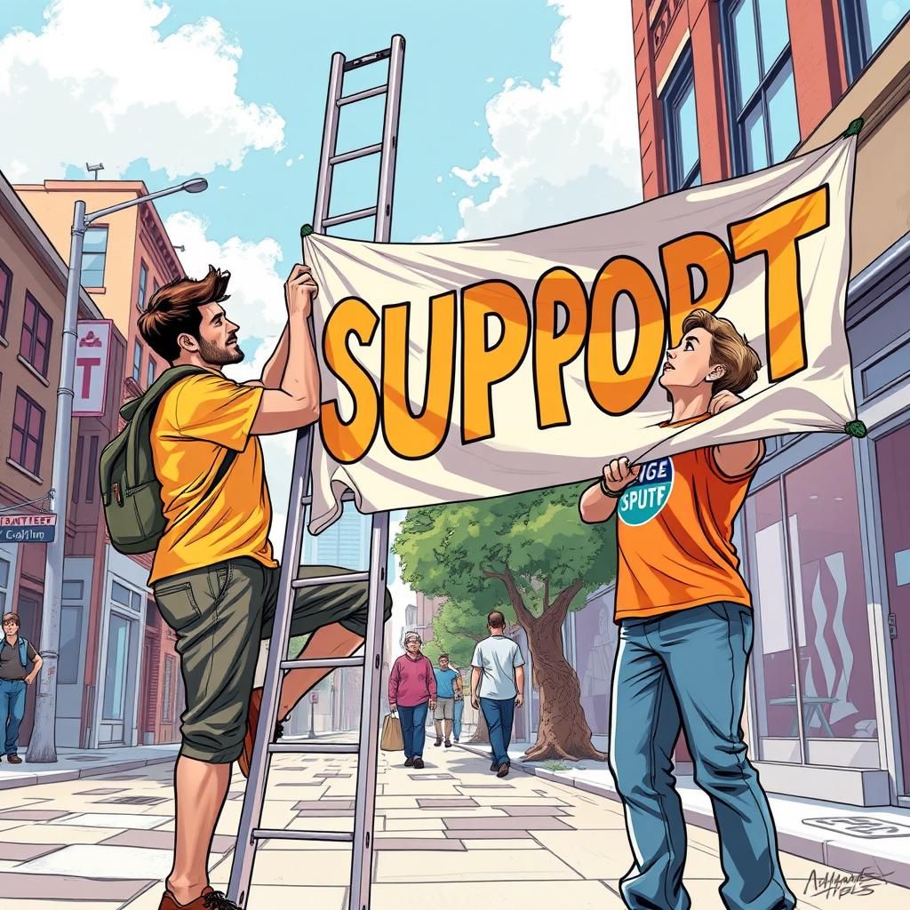 Banner Installation in Vibrant Street Scene