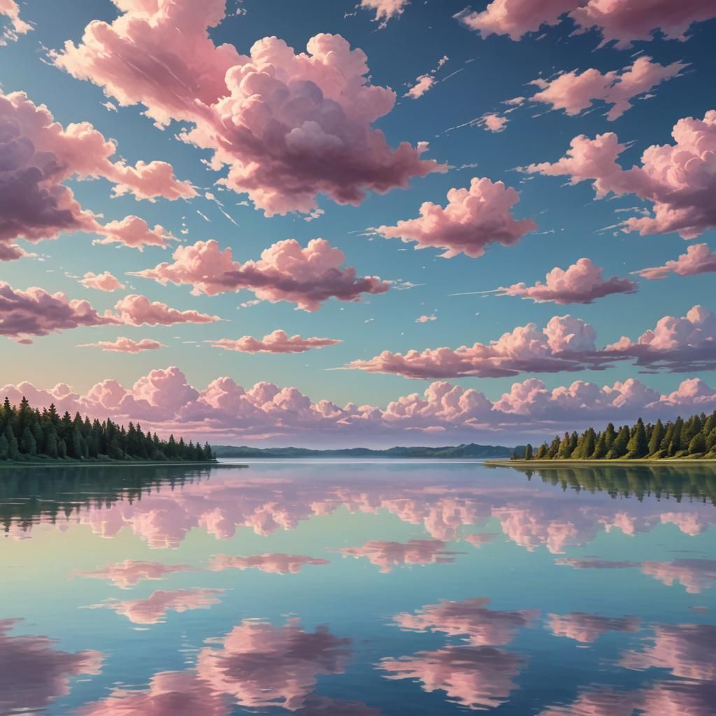 Dreamlike Lake with Pastel Pink Clouds, Digital Art