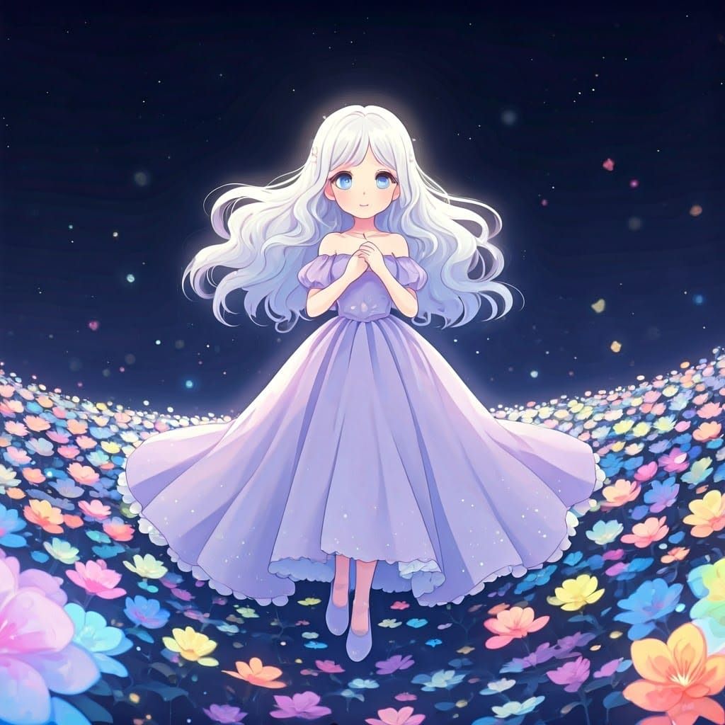 Anime Princess with Glowing Hair in Flower Field