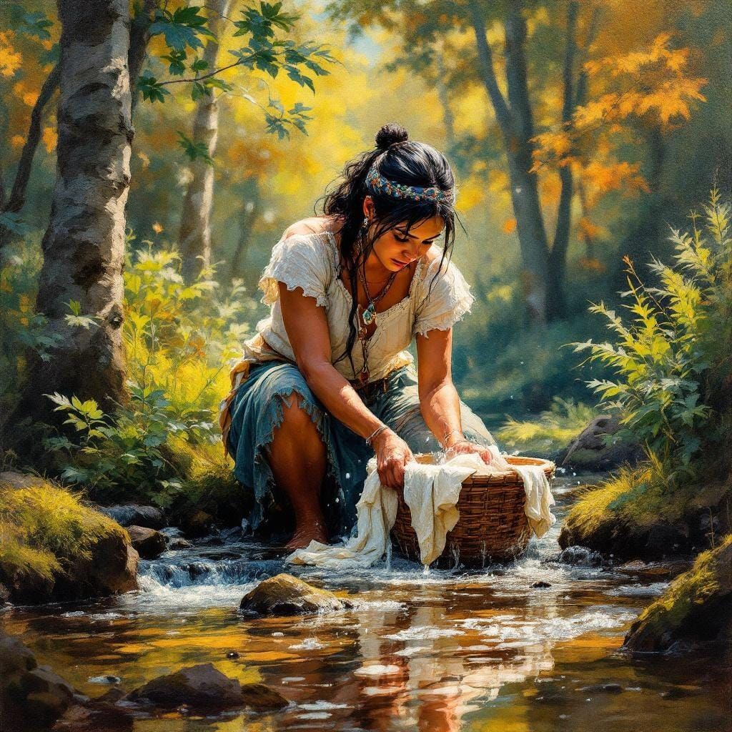 Native American Woman Washing Clothes as Gouache Painting