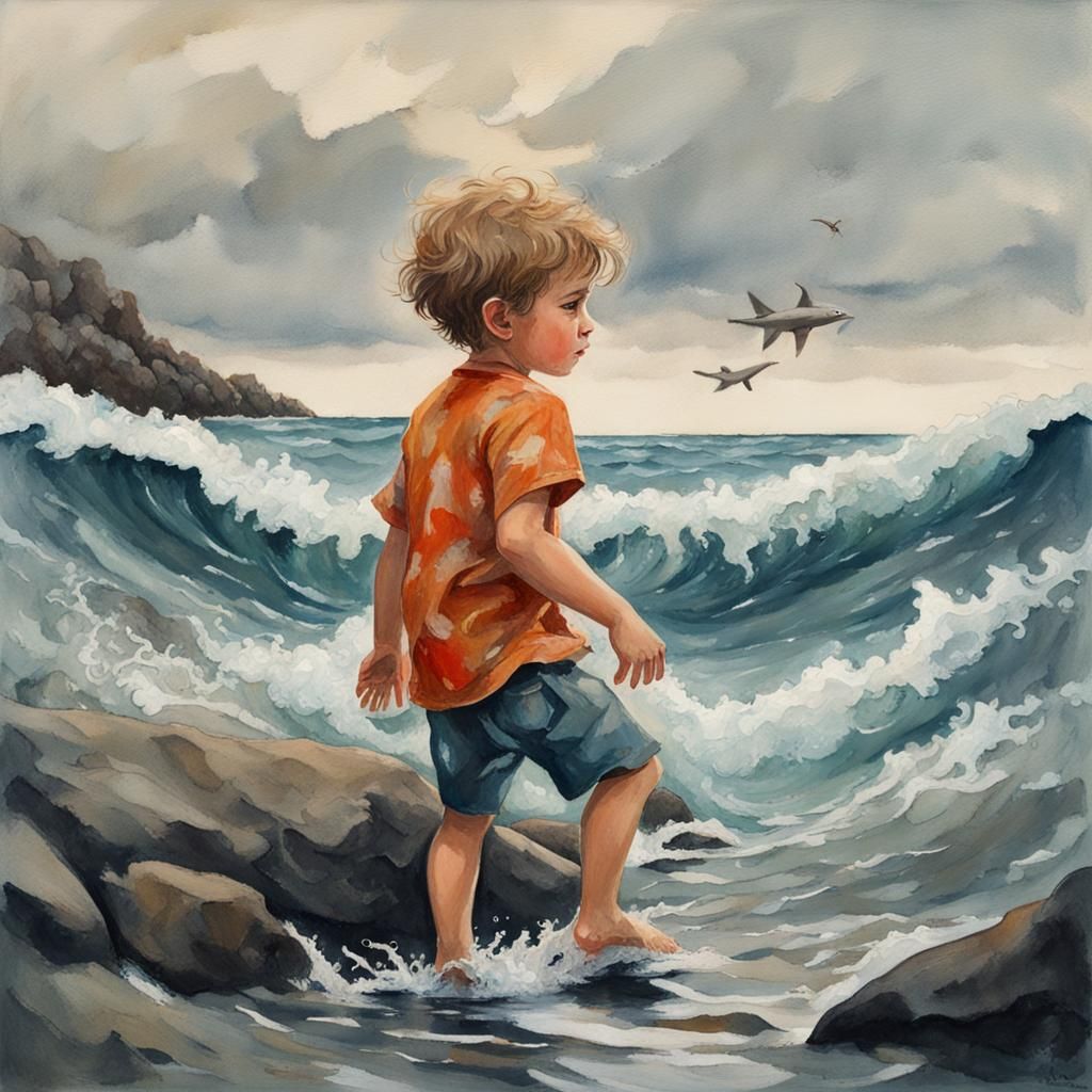 Whimsical Boy of the Sea: A Gouache Painting