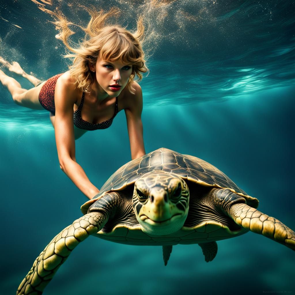 Hyperrealistic Taylor Swift Swimming with a Turtle