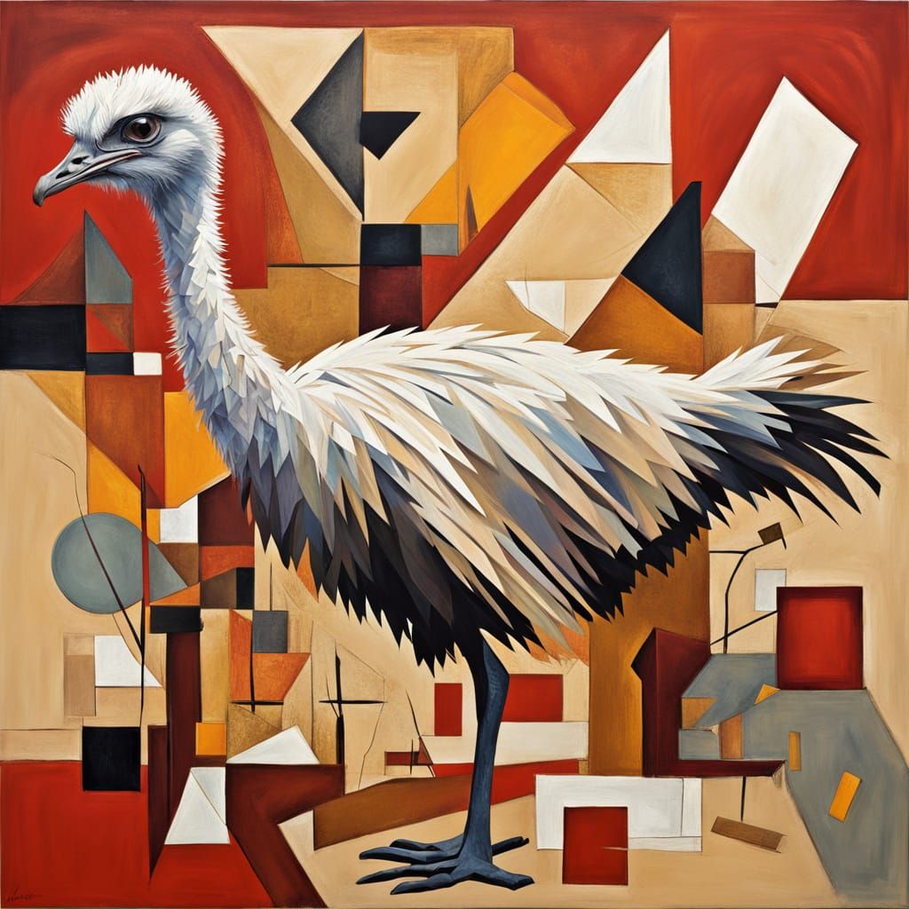 Ostrich in Fragmented Cubist Landscape