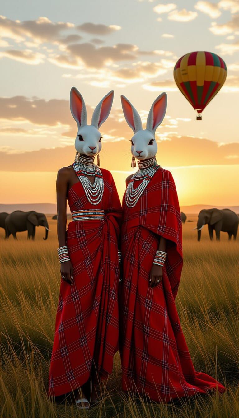 Maasai Models with Rabbit Heads in Savanna at Sunset