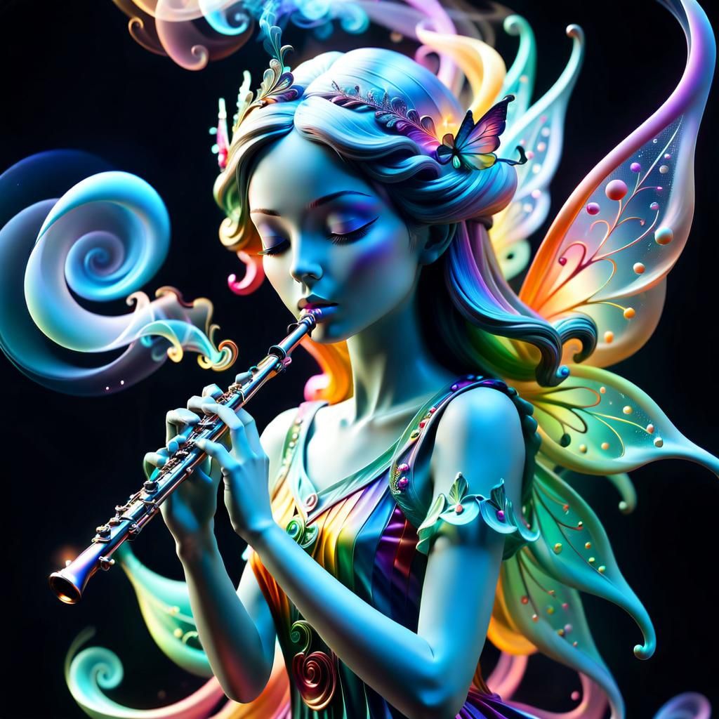 Ethereal Fairy Emerges from Flute in Surreal Art
