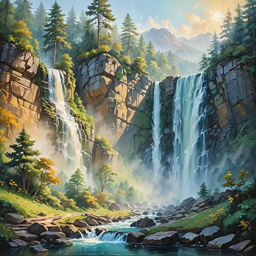 Mystical Waterfall Landscape in Golden Light