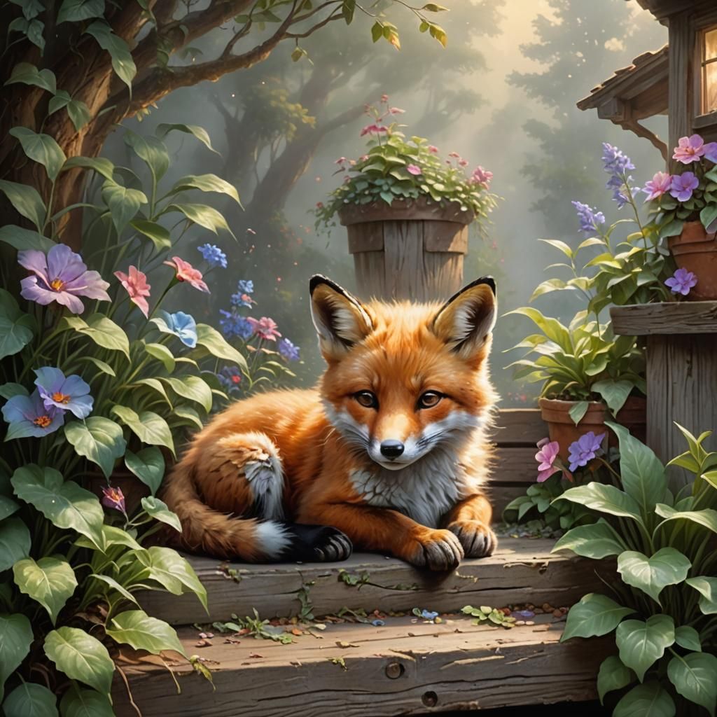 Sleeping Fox Cub on Cabin Porch