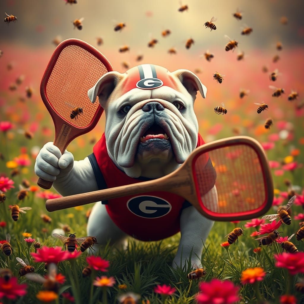Bulldog Football Hero Smashing Bees in Fantasy Meadow