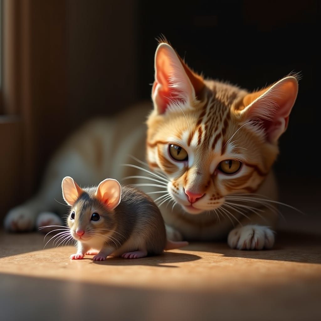 Photorealistic Mouse and Cat in Warm Companionship