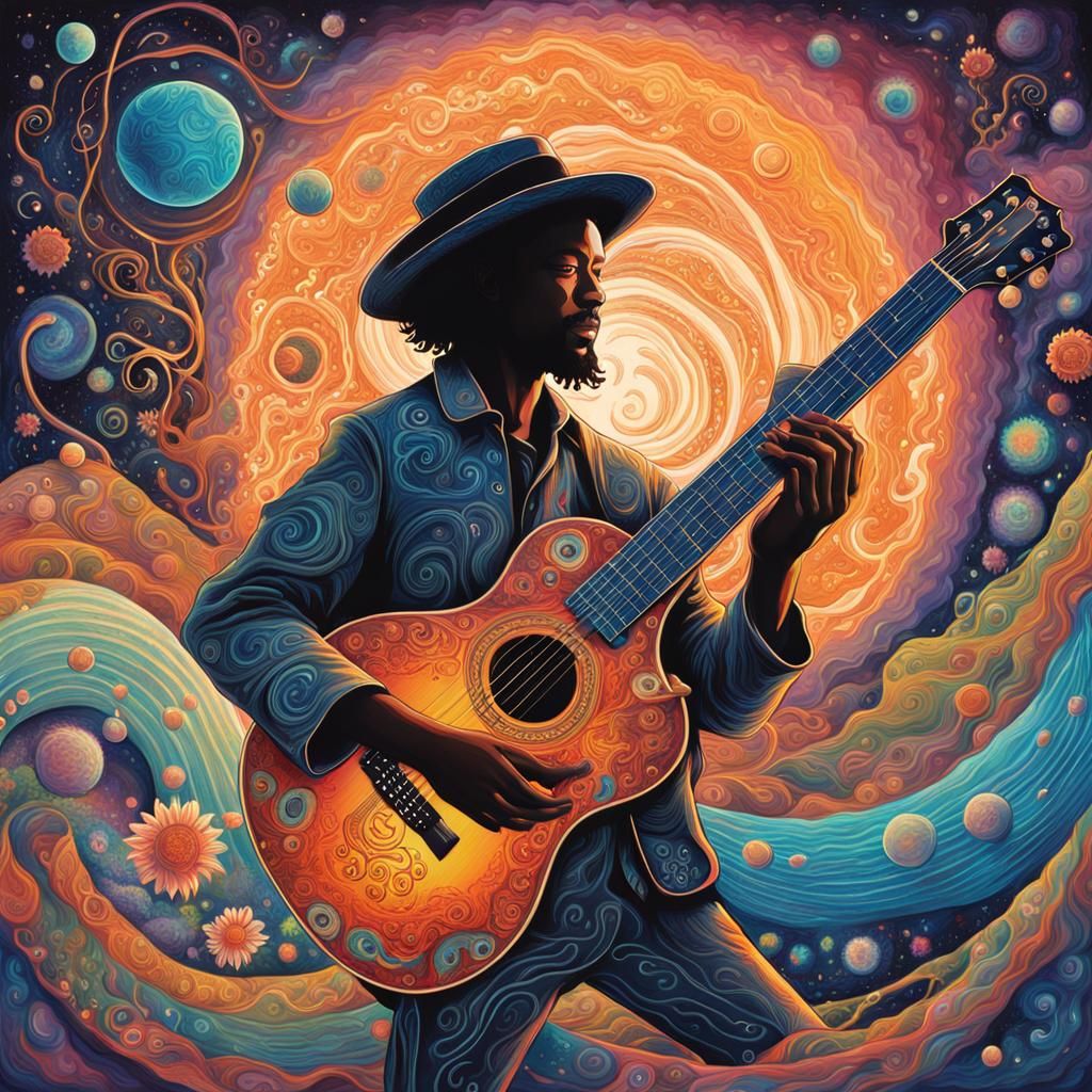 Musician Harmonizes with Planet in Psychedelic Art