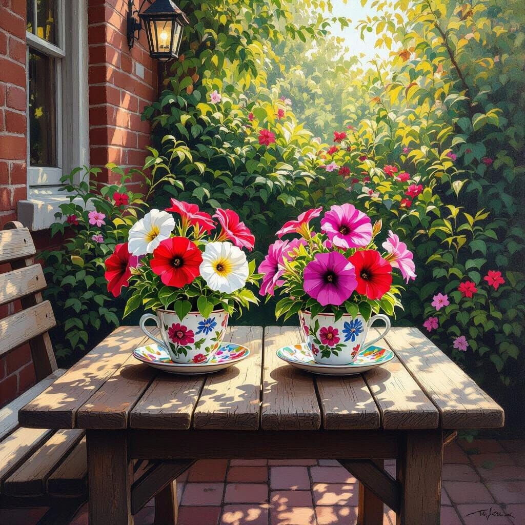 Petunias in Hand-Painted Cups: Hyperrealistic Art