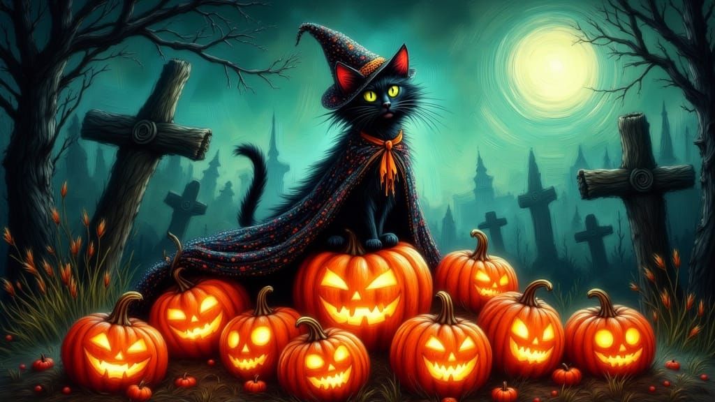 Mischievous Black Cat in Witch Hat on Pumpkin Pile