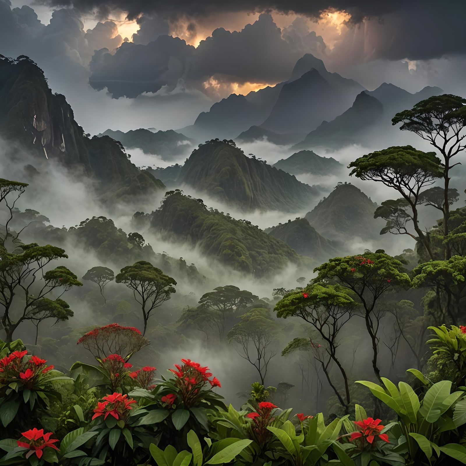 Realistic Thunderstorm Over Peruvian Rainforest at Sunset